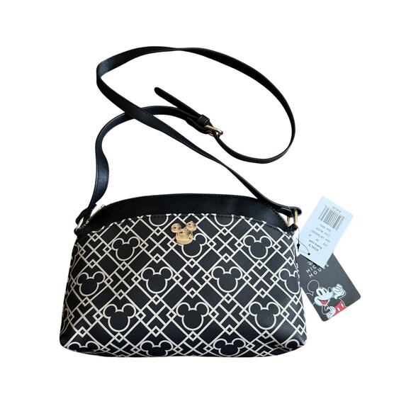 Disney Mickey Mouse Foil Print Crossbody Handbag Metal Mickey Head Badge Black - Picture 1 of 5